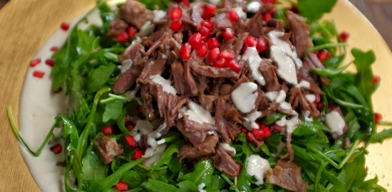 shredded beef and rocket salad with tahini yoghurt dressing