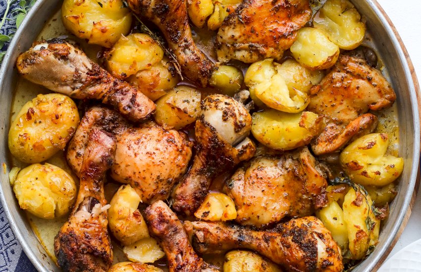 Roasted chicken and smashed potatoes traybake