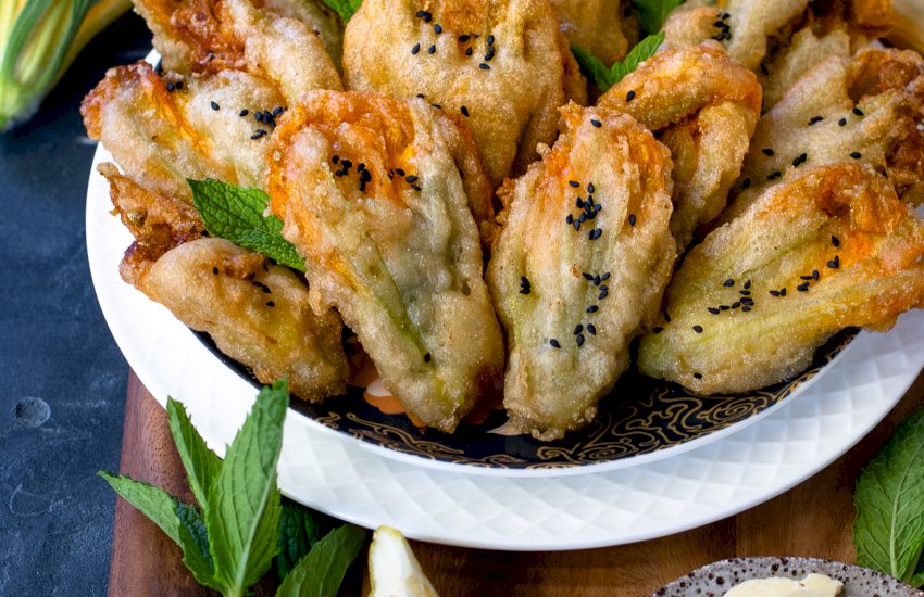 Battered Zucchini flowers with Halloumi