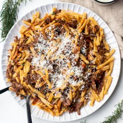 Slow cooked shredded beef sauce