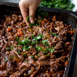 Slow cooked shredded beef sauce